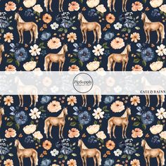 an animal themed wallpaper with flowers and giraffes in blue, pink, yellow and white