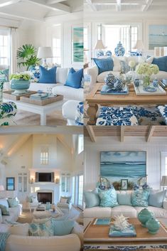 blue and white living room decorating with ocean themed furniture in the centerpieces