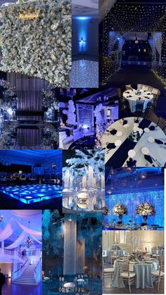 a collage of photos with blue lighting and white linens on the tables, chairs, and chandeliers