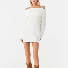 Forever 21 Ivory Off The Shoulder Sweater Dress Size Small New With Tags White Off Shoulder Sweater, Sweater Dress With Boots, Off The Shoulder Sweater Dress, Dreamy Clothes, Ripped Sweater, Rush Outfits, Knot Sweater, Cashmere Sweater Dress, Velvet Sweater