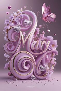 a purple poster with hearts and flowers in the shape of a number six, surrounded by butterflies