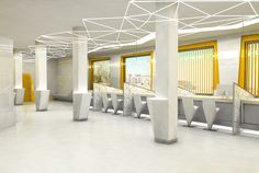 an empty public restroom with yellow and white fixtures on the walls, along with several urinals