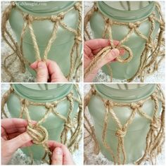 four pictures showing how to tie rope around a vase