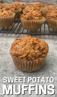 single muffin in foreground with more on a rack behind. Gf Sweet Potato Bread, Leftover Sweet Potato Casserole Muffins, Moist Sweet Potato Bread Recipe, Sweet Potato Brunch Ideas, Easy Sweet Potato Muffins, Mashed Sweet Potato Leftovers, Sweet Potato Pumpkin Muffins, Sweet Potato Breakfast Muffins, What To Do With Mashed Sweet Potatoes