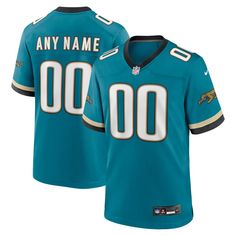 We want fans to celebrate their fandom by customizing and personalizing certain products. For these customizable products, including jerseys, we invite customers to tell us how they would like their preferred name or other text to appear by typing that text into the field indicated. However, just because a customer is able to type proposed customization text into the field and is able to complete the order through the website, not all proposed customization text will be accepted. Please note, Fanatics may reject and cancel any customization order for any reason, including for messages that are deemed offensive or inappropriate. Made for the enthusiastic Jacksonville Jaguars fan who wants to represent the team with ease, this Prowler Throwback Custom Game Jersey by Nike is the perfect gear. Custom Team-colored Jersey With Team Logo, Customizable Team-colored Jersey With Logo, Customizable Collegiate Fan Gear Jersey, Customizable Team-colored Jersey, Customizable Team-colored Jersey For Game Day, Customizable Game Day Jersey, Customizable Blue Jersey For Fan Gear, Team Spirit Jersey With Team Name For Fans, Customizable Sporty Jersey For Fan Gear