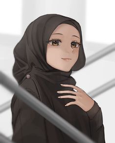 a woman wearing a black hijab standing next to a metal hand rail and looking at the camera