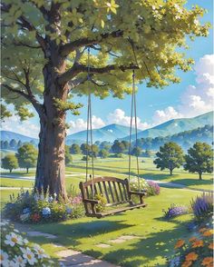 a painting of a park with a swing and flowers on the grass by a tree