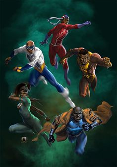 four superheros are flying through the air in different colors and sizes, with one running