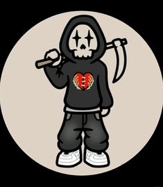 a person with a knife in their hand and a heart on his chest, wearing a black hoodie