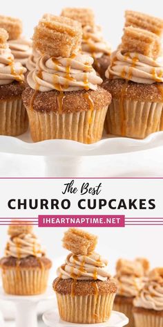 the best churro cupcakes with cinnamon butter frosting on top are shown