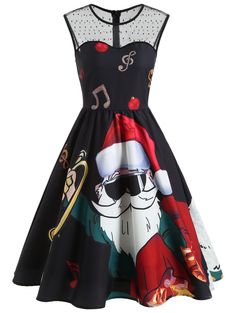 Christmas Santa Print Mesh Panel Dress - Black - 4753440412 - Women's Clothing, Dresses  #Dresses #Women's #Clothing # #Dresses Christmas Tunic, Vintage Dresses Cheap, Egyptian Clothing, Mesh Panel Dress, Christmas Dress Women, Alternative Christmas, Fashion Site, Christmas Clothes, Vintage 1950s Dresses