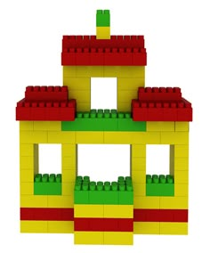 a yellow and red building made out of legos on a white background with no people around it