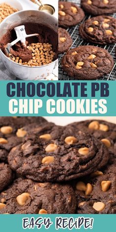 chocolate pb chip cookies with peanut butter in the middle and on top, next to an easy recipe