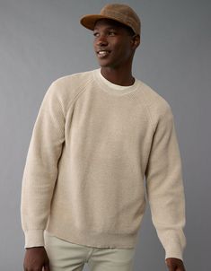 AE Long-Sleeve Shaker Crew Neck Sweater Mens Capsule Wardrobe Casual, Mens Capsule Wardrobe, Men's Capsule Wardrobe, Capsule Wardrobe Casual, Mens Sweater, Sweater Cream, Teen Boy, Fall Photos, Casual Fall