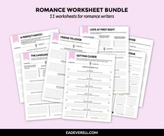 the romance worksheet bundle is shown in three different sizes and colors, including one for