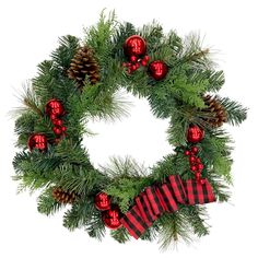 a christmas wreath with red ornaments and pine cones