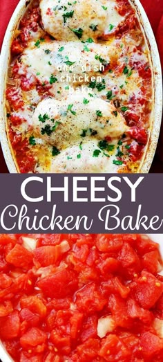 cheesey chicken bake with tomatoes and parsley in the bottom left corner, on top of an oval white plate