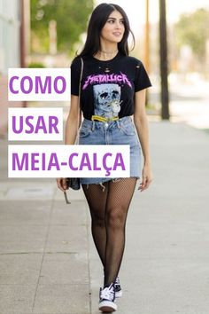 9 dicas para você usar meia-calça na temporada. T-shirt de banda, minissaia jeans com barra desfiada, meia-calça, meia arrastão, tênis preto vans, mini bolsa.   #meiacalça #t-shirtdebanda #saiajeans Looks Com All Star, Look Rock, Beauty Clothes, Stylish Outfits, Jean Shorts, Casual Fashion, Personal Style, Outfit Inspirations, Women's Fashion