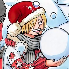 a drawing of a woman holding a snowball in front of her face and wearing a santa hat