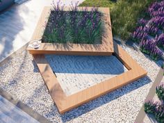 two wooden tables with plants in the middle on gravel and stone walkways next to purple flowers