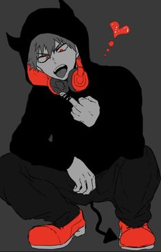 a drawing of a person sitting on the ground with ear phones in their ears and wearing red