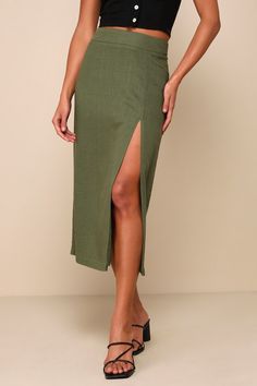 Effortless Olive Green Linen High-Rise Midi Skirt Aesthetic Olive Green, Linen Skirt Outfit, Outer Linen, Effortless Aesthetic, Wineries Outfit, Linen Midi Skirt, Green Midi Skirt, Olive Skirt, Linen Layers