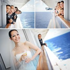 the bride and groom are posing for pictures on the deck of their cruise ship,