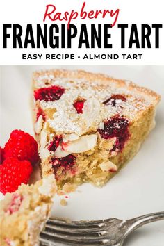 a piece of raspberry frangane tart on a plate with a fork