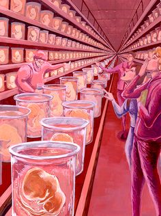 a painting of people in a large room with many jars filled with oranges and other items