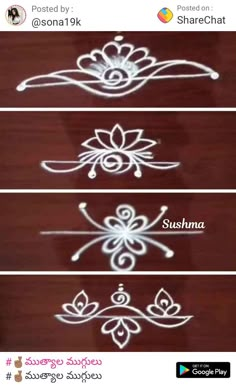 three different types of stencils on a wooden surface with the words sushma written