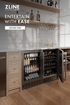 an open wine cooler in the middle of a kitchen