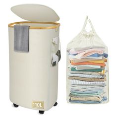 Stylish and Space-Saving: This laundry basket features a modern design with an elegant shape and fresh colors, making it a perfect fit for most home decor styles; Additionally, its tall and slim design takes up minimal space, making it ideal for college dorms or smaller bedrooms, bathrooms, and laundry rooms Latitude Run® | Latitude Run® 110L Laundry Basket w / Lid Wheels in Cream | 29.5" H X 17.3" W X 13.4" D | Wayfair | Organization Plastic Organization, Laundry Basket With Lid, Laundry Cart, Dream Dorm, Collapsible Laundry Basket, Dorm Room Inspo, Bathroom Laundry Room, Laundry Hampers, College Dorms