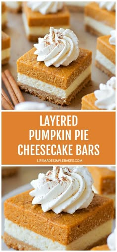 pumpkin pie cheesecake bars with whipped cream on top