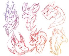 several different types of dragon heads drawn by hand