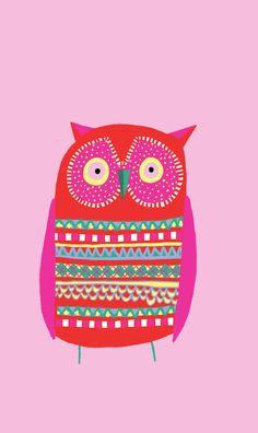 an owl sitting on top of a pink surface with colorful lines and dots around it's eyes