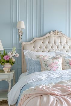 a white bed topped with pillows next to a night stand and table filled with flowers