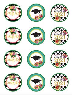 graduation party cupcake toppers with flowers and mortars on the front, in black and