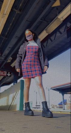 Turtleneck Dress Combat Boots, Winter Streetwear Combat Boots With Round Toe, Checkered Dress Outfit Winter, White Ankle Combat Boots For Streetwear, Sweater Dress And Combat Boots, Winter Streetwear Ankle-high Combat Boots, Checkered Dress Outfit, Checkered Dress, Blue Checkered