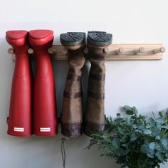 three red and one black rubber boots are hanging on a coat rack next to a potted plant