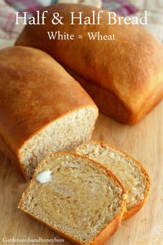 two loaves of white and wheat bread on a cutting board with text overlay