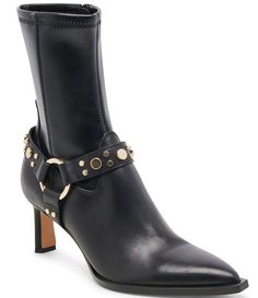 From Dolce Vita&#x2C; the Arya Stud Leather Studded Ankle Strap Pointed Toe Booties feature:Leather upperStudded ankle strapZip-up closureTextile liningRecycled synthetic outsoleApprox. 8.1" boot shaft heightApprox. 10.2" boot shaft circumferenceApprox. 2.4" heel heightImported. Studded Leather, Dillard's, Boot Shoes Women, Mid Calf, Ankle Strap, Bootie Boots, Heel Height, Leather Upper, Shoe Boots