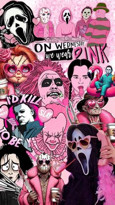 a collage of cartoon characters with pink and black hair, wearing different colors on their faces