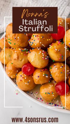 a white bowl filled with donuts covered in sprinkles and toppings