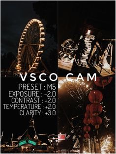 an image of a ferris wheel at night with the caption v s co cam