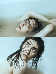 two pictures of a man with wet hair in a bathtub