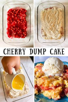 four pictures showing different types of cherry dump cake and how to make it in the microwave