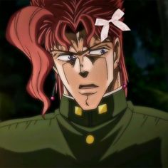 an anime character with red hair and green uniform looking at the camera while staring into the distance