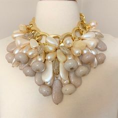 Gorgeous Gold Tone Faux Pearl & Crackle Beads Statement Bib Necklace Very Good Condition, It Measures 16" Long, Plus 2" Chain Extension, Bib Height 5" Chunky Jewelry Necklace, Stone Necklaces, Statement Bib Necklace, Stone Beaded Necklace, Baroque Pearl Necklace, Chunky Jewelry, Beaded Statement Necklace, Jewelry Choker, Faux Pearl Necklace