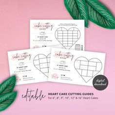 three heart cake cutting guides on pink background with green leaves next to it and text