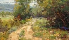 an oil painting of a dirt road surrounded by trees